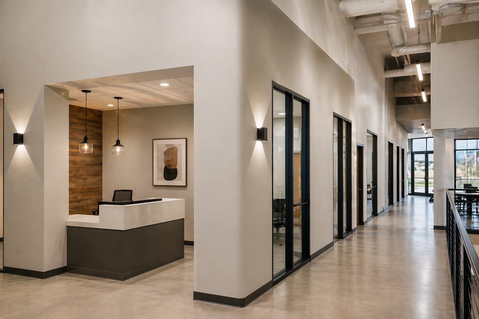 Modern office interior showing interior commercial painting, finished walls, clean lines, neutral paint colors, and completed commercial workspace