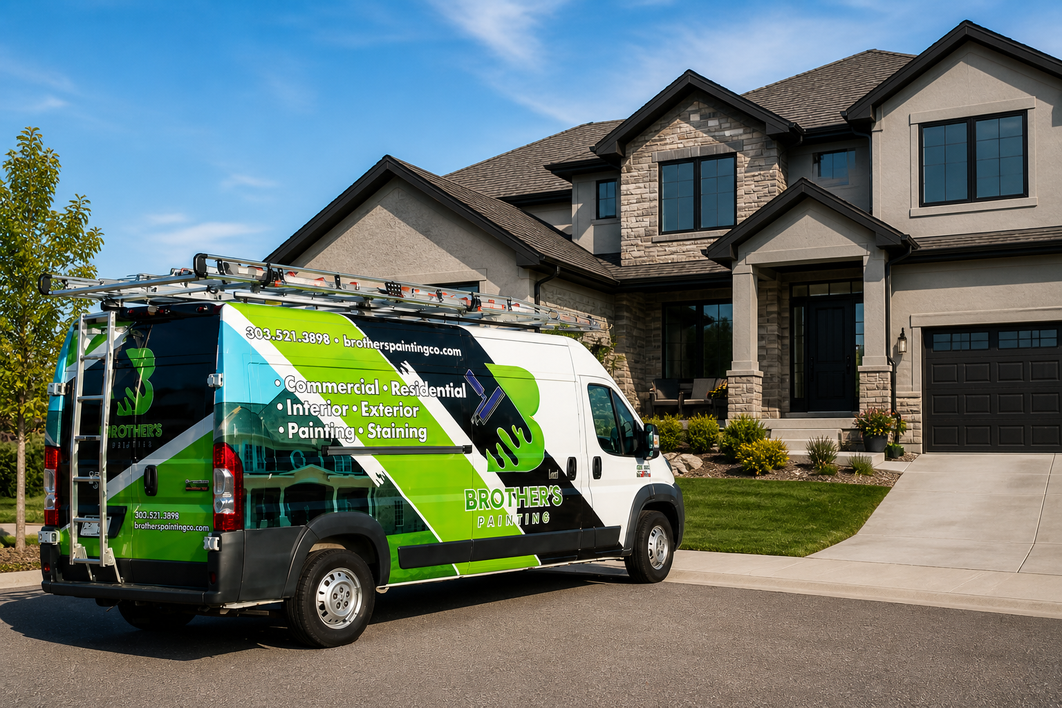 Brothers Painting service van parked outside a newly painted modern home, showcasing residential exterior painting services in Colorado