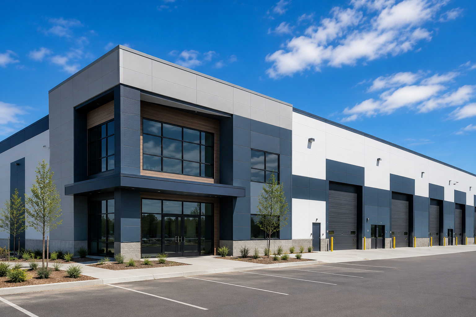 Modern commercial warehouse and office building with exterior paint finishes, large glass windows, loading bays, and clean architectural lines under a bright blue Colorado sky.