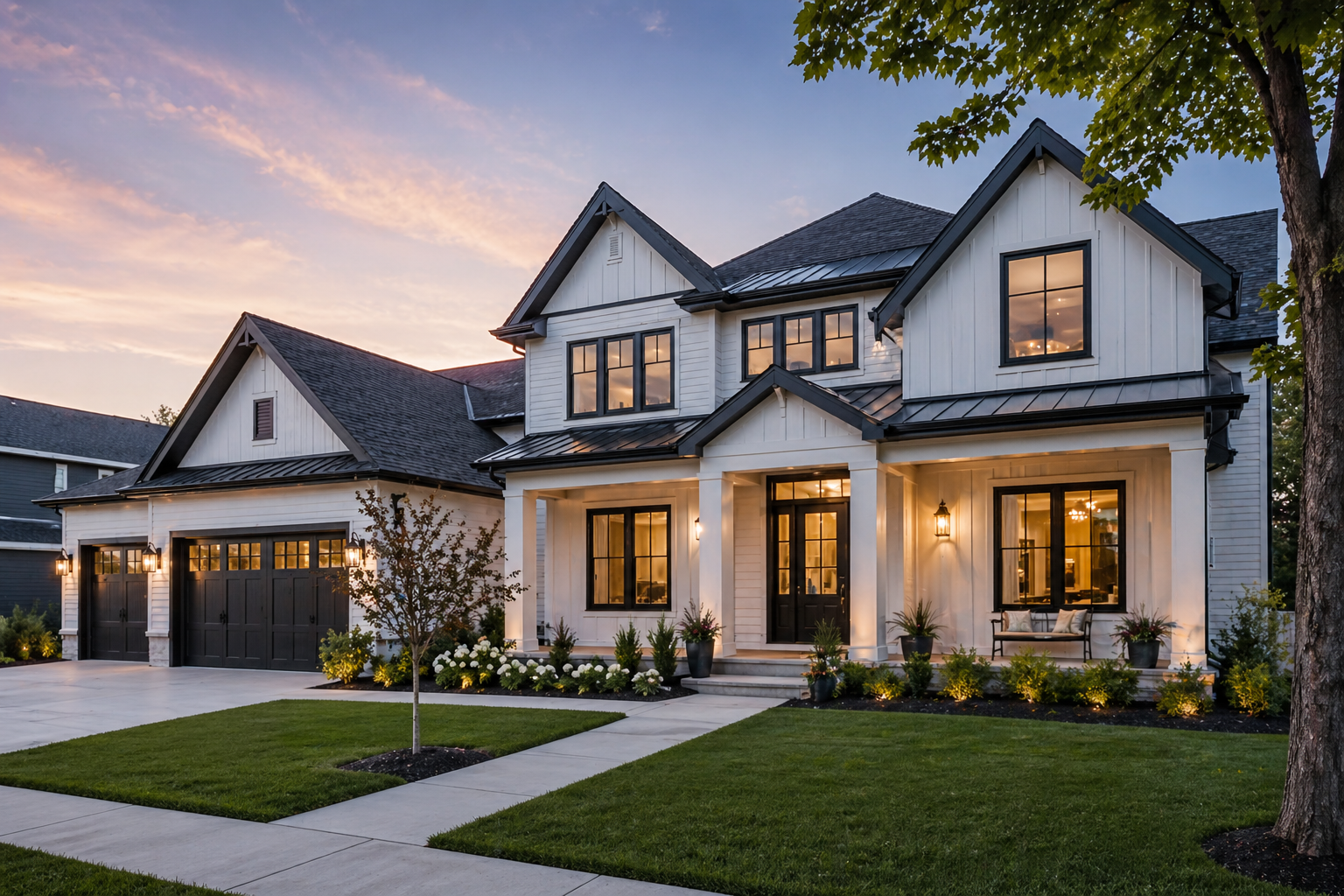 Modern two-story house with white exterior and black trim, illuminated by exterior lights at dusk, with a manicured lawn, small trees, and potted plants in front.