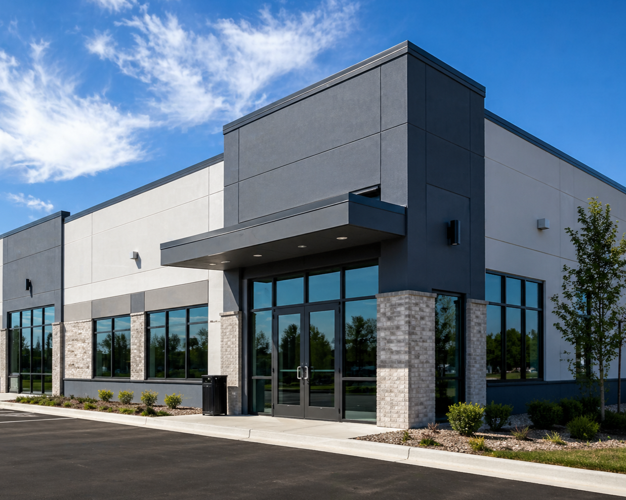 Modern commercial building exterior with professionally painted surfaces, clean architectural lines, glass storefront, and finished exterior detailing under a bright blue Colorado sky
