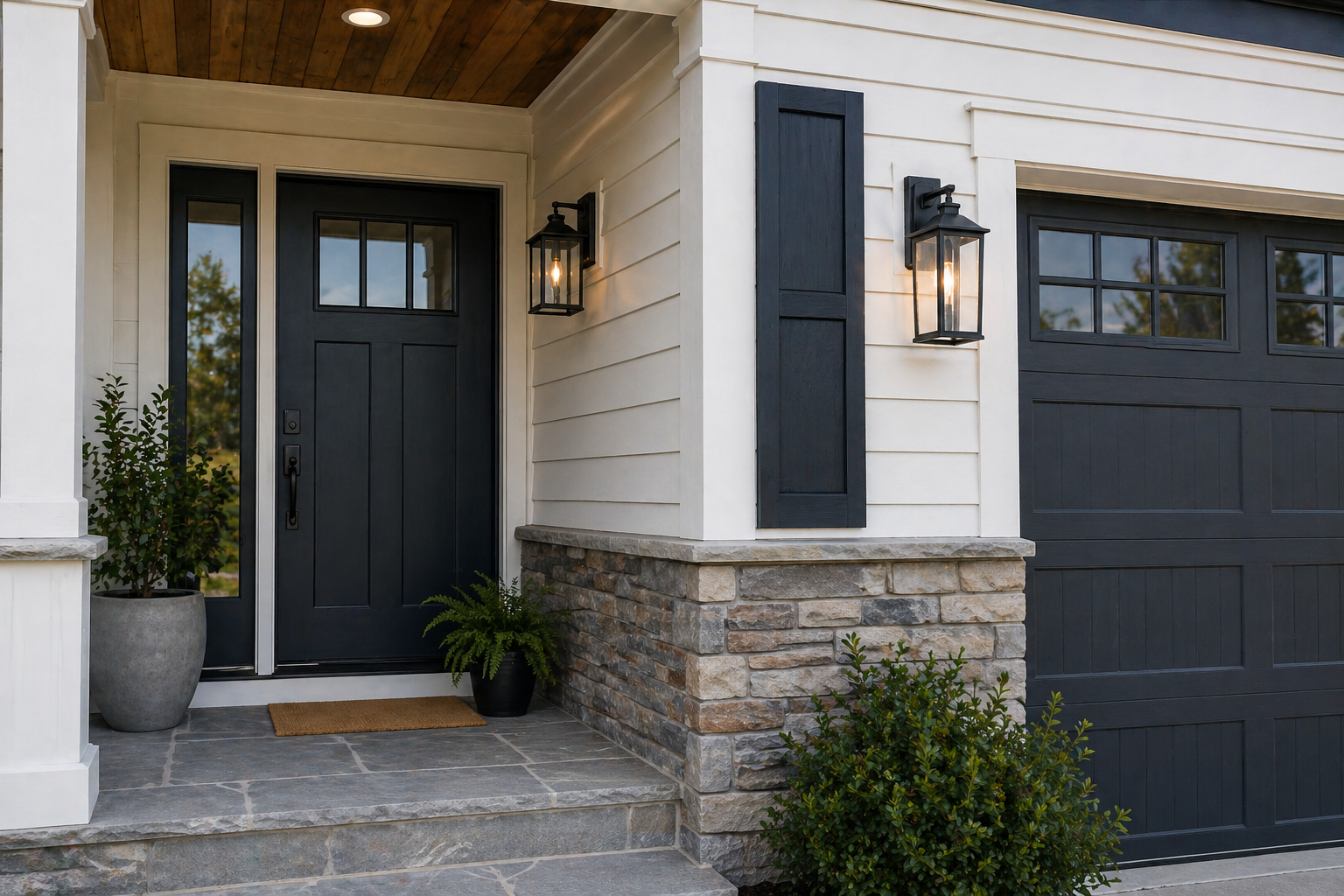 Residential front entry with black painted door, matching garage door, white siding, stone veneer base, and exterior lantern lighting.