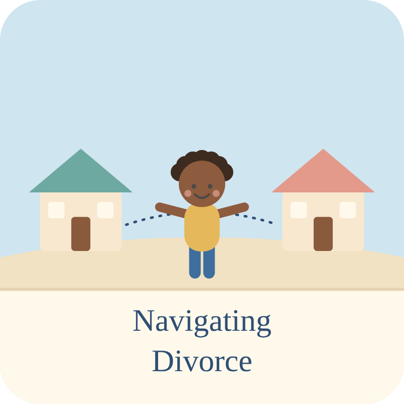 A cartoon illustration of a smiling child with outstretched arms, standing between two houses against a light blue sky, with the caption "Navigating Divorce" at the bottom.