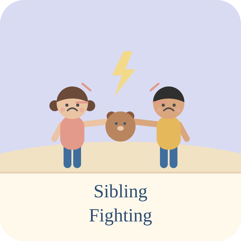 Two children, one girl and one boy, are fighting with a teddy bear between them. Both children look upset, and there is a yellow lightning bolt above the bear, indicating a conflict or fight.