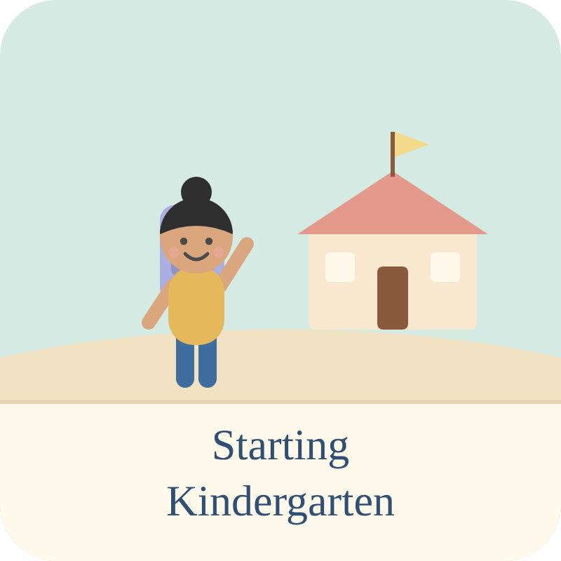 A child with a ponytail, smiling and waving, standing outside a small house with a flag.