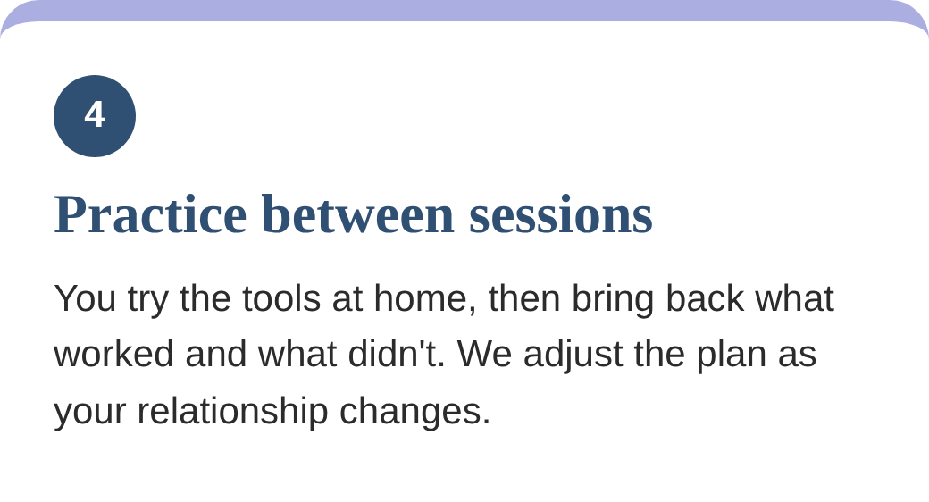 Text on a webpage about practicing between sessions, mentioning trying tools at home and adjusting the plan as relationship changes.