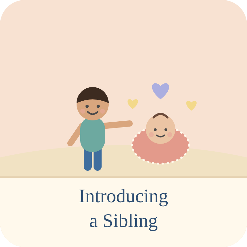 Cartoon illustration of a young boy pointing at a smiling bald baby sitting in a pink blanket with three hearts around them, with text 'Introducing a Sibling' at the bottom.