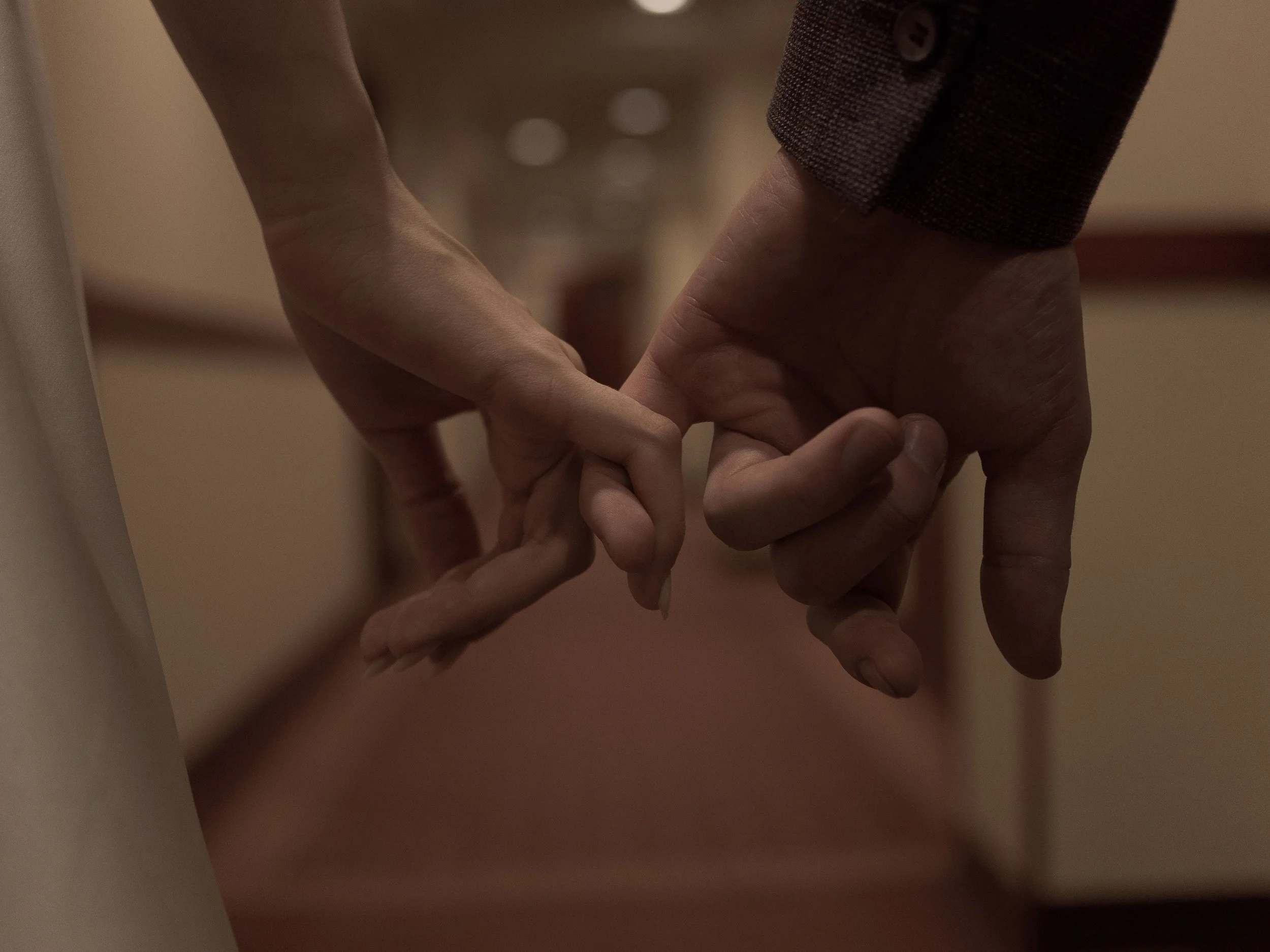 Close-up of two people holding hands, one with a darker skin tone and the other with a lighter skin tone. The person with the darker skin is wearing a dark brown or black jacket.
