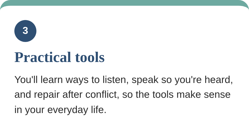 Section header titled 'Practical tools' with text explaining learning ways to listen, speak, and repair after conflict to help in everyday life.