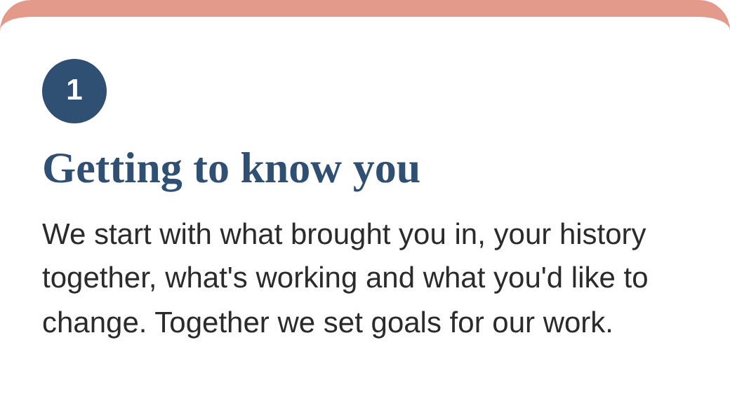 A section of a presentation slide with a title "Getting to know you." The slide has a blue circle with the number 1, and the text explains starting with personal history, current work, and goals.