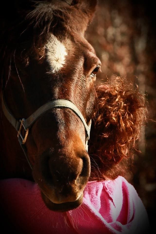 A person with curly red hair hugging a brown horse outdoors- Shayne Hollifield and her beloved horse, Lucky.