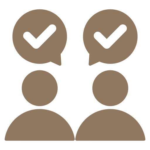 Two cartoon people with speech bubbles above their heads containing check marks.