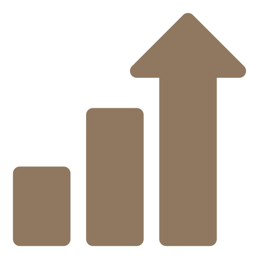 Graph with three vertical bars increasing in height from left to right, and an upward arrow indicating growth or increase.
