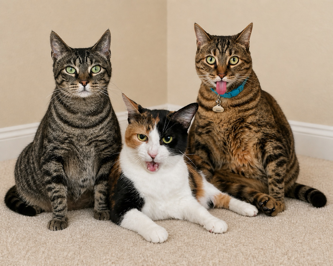 Three cats: Three cats sitting together — two tabby cats and a calico.