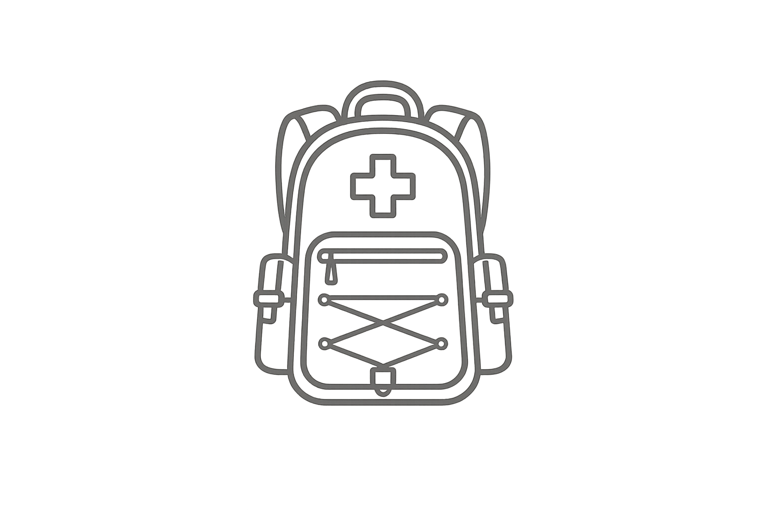 Line drawing of a backpack with medical cross symbol on top, front zipper pocket with zipper pull, and crisscrossed elastic cords on lower front.