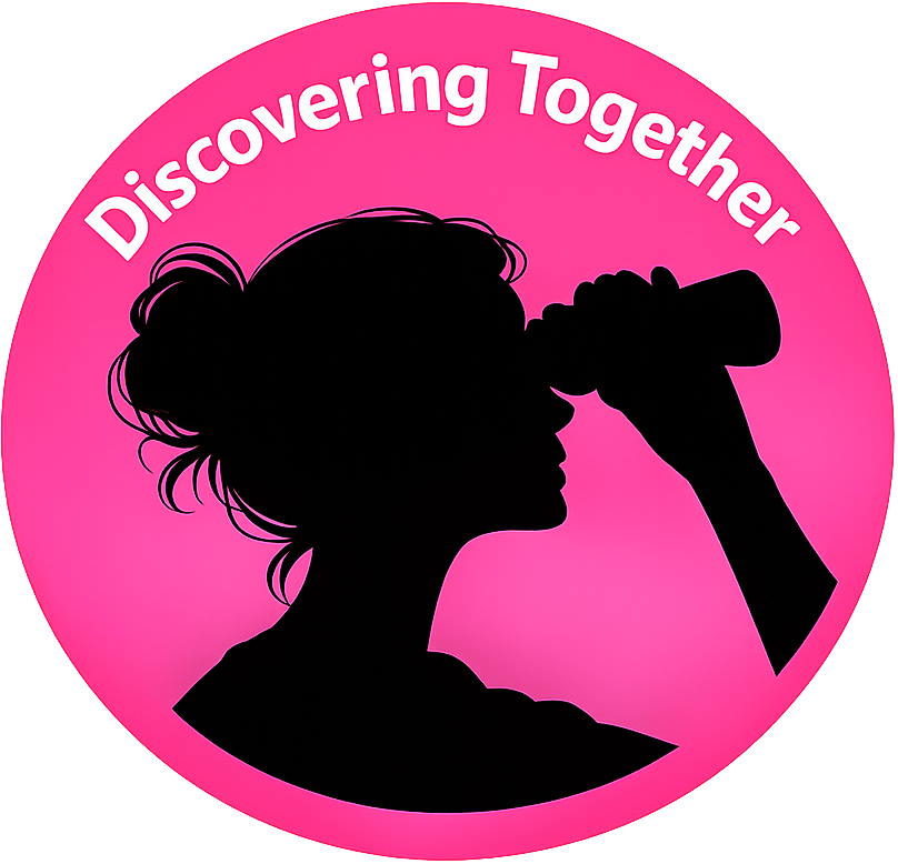 Silhouette of a woman holding a telescope to her eye against a pink circular background with the text 'Discovering Together' at the top.