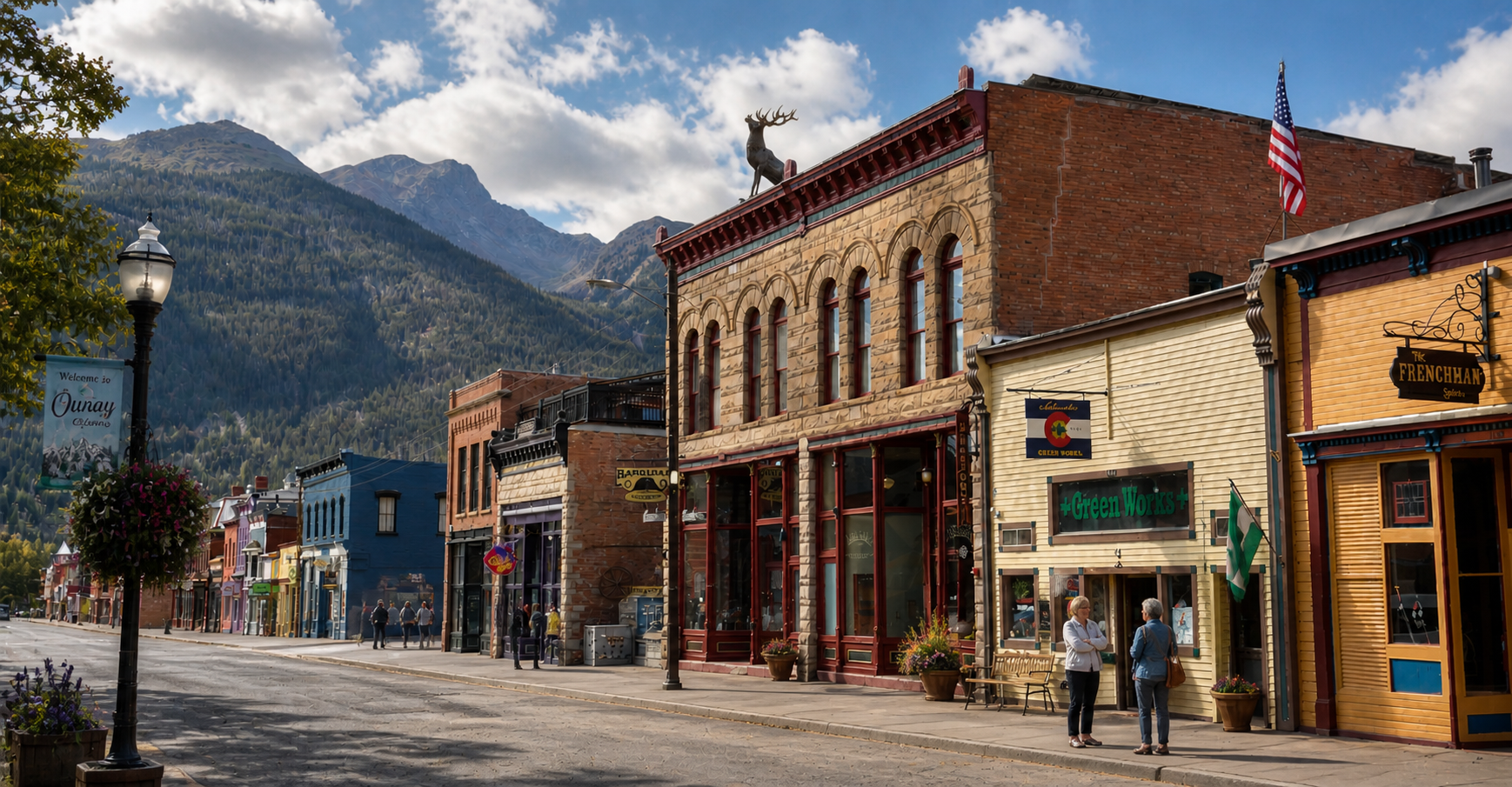 Historic main street storefronts with mountain backdrop.