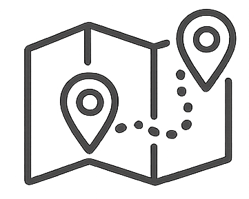 Line drawing of a map with location pins and a dotted path.