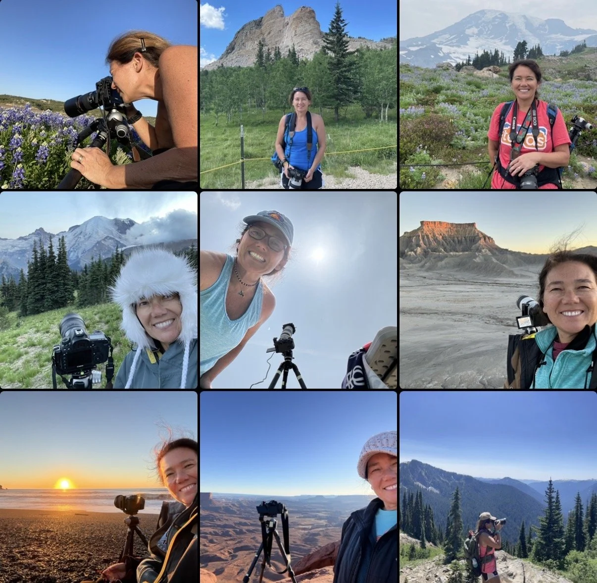Collage of women photographers capturing scenic landscapes, mountains, sunsets, and outdoor nature scenes with cameras.