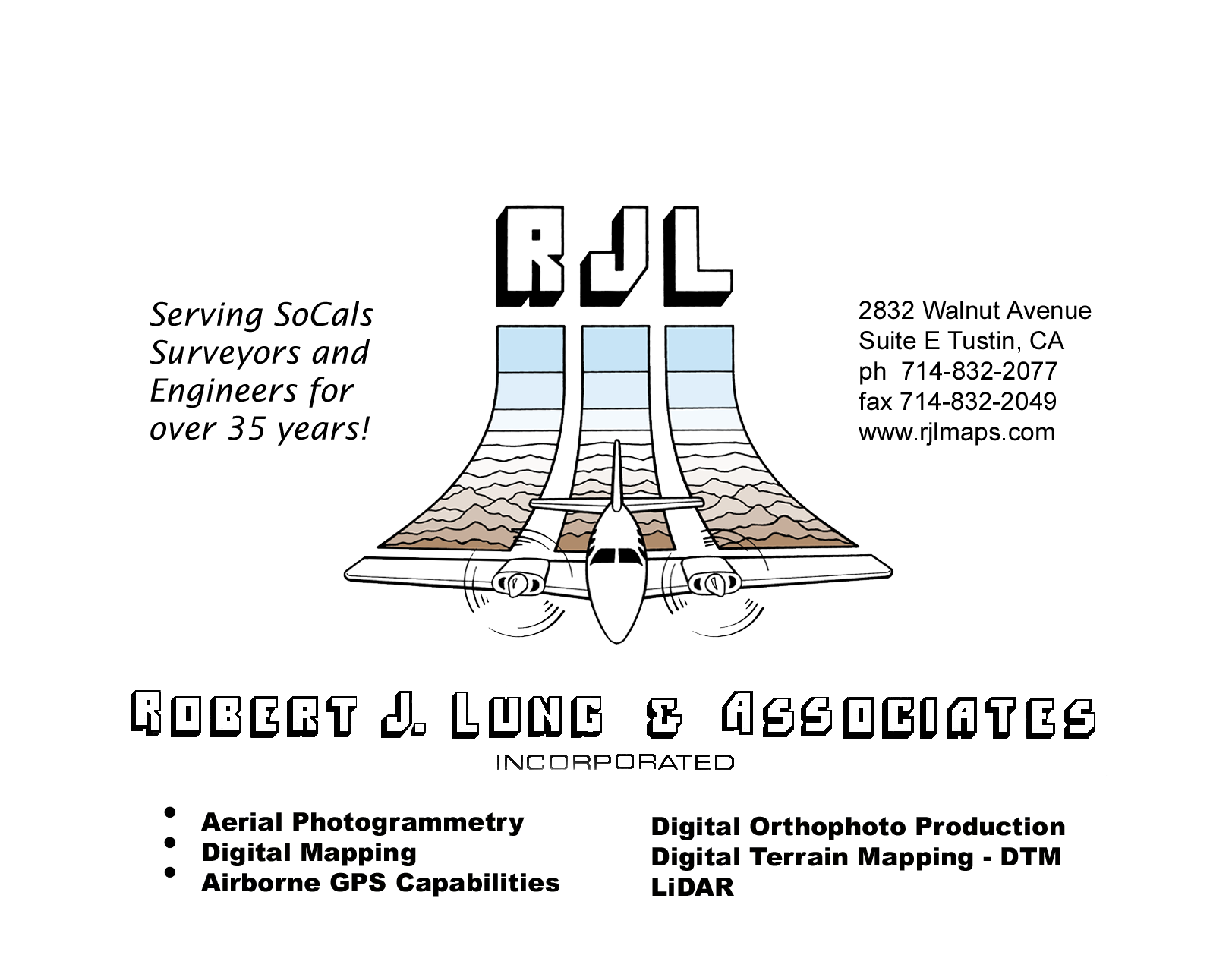 The cover of a publication titled "RJL" features an illustration of an airplane flying over a landscape with mountains and clouds. The authors' names are Robert J. Long & Associates. Mapping, topographic maps, GIS, LiDAR, aerial mapping, SoCal
