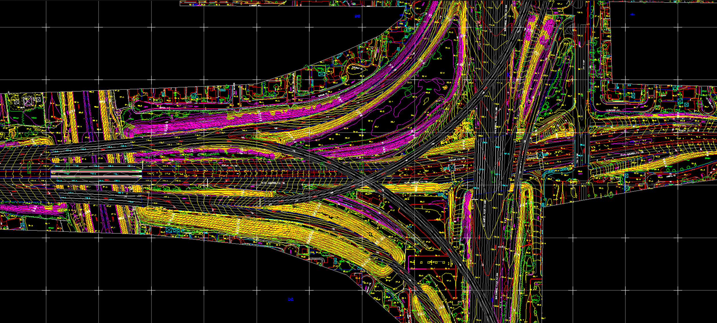 CAD topographic map made by RJL & Associates. Detailed digital engineering drawing of a complex the 55 and 91 freeway interchange with multiple roads, ramps, and overpasses in various colors.