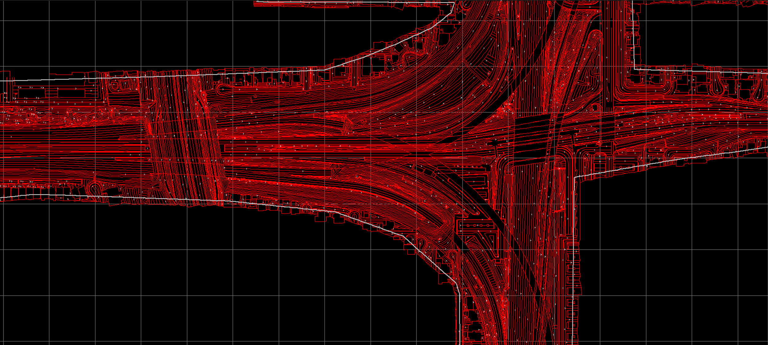 DTM map Technical drawing or CAD map of the 55 and 91 freeway interchange with detailed breakline work on a black background.