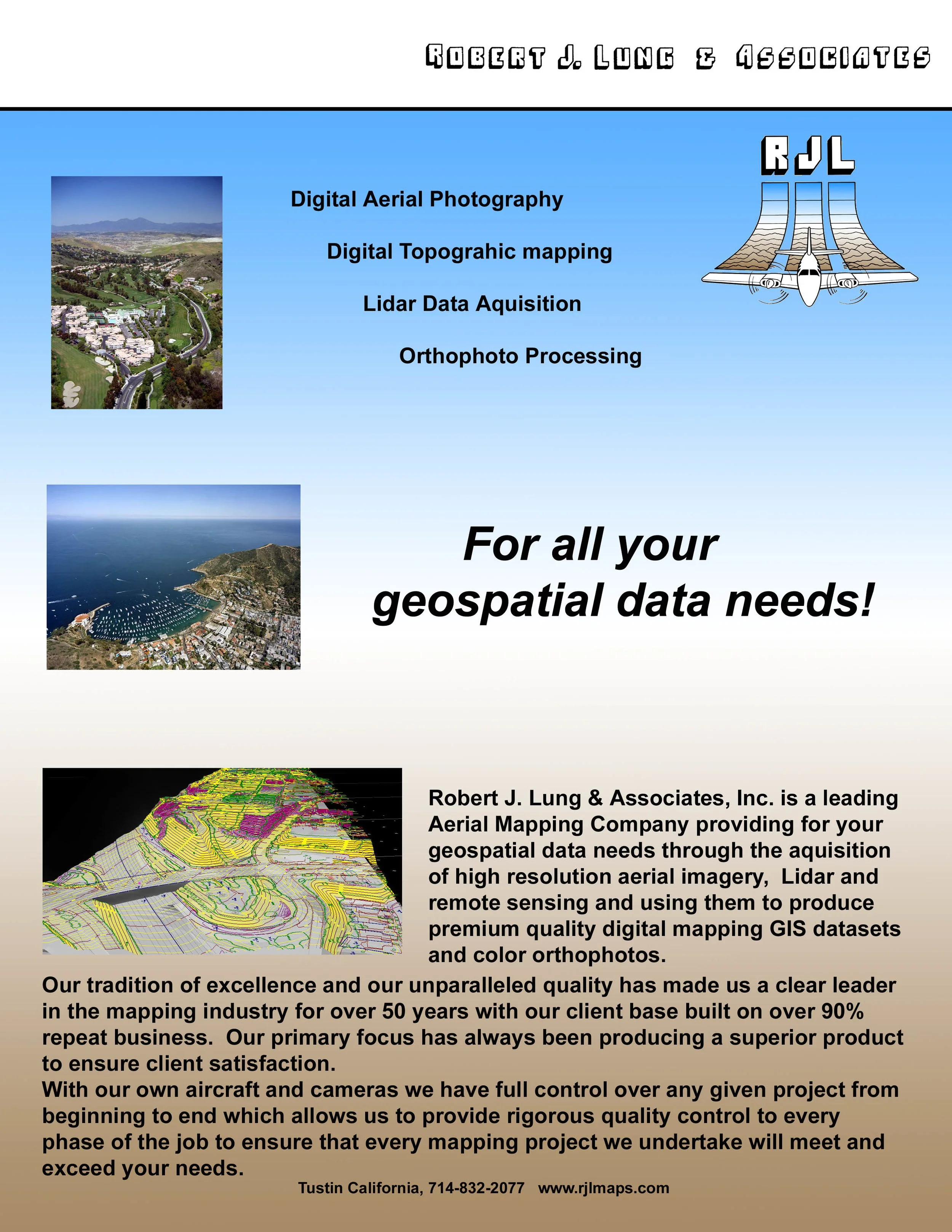 Brochure for Robert J. Lung & Associates highlighting services in digital aerial photography, topographic mapping, lidar data acquisition, and orthophoto processing, featuring aerial images and a drone illustration. Contains company info, emphasizing expertise in high-resolution aerial imagery, GIS datasets, and quality control.