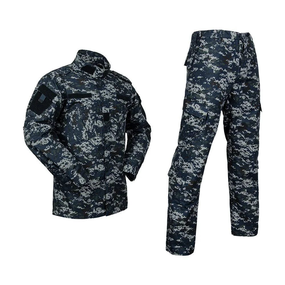 Camouflage military uniform consisting of a jacket and pants.