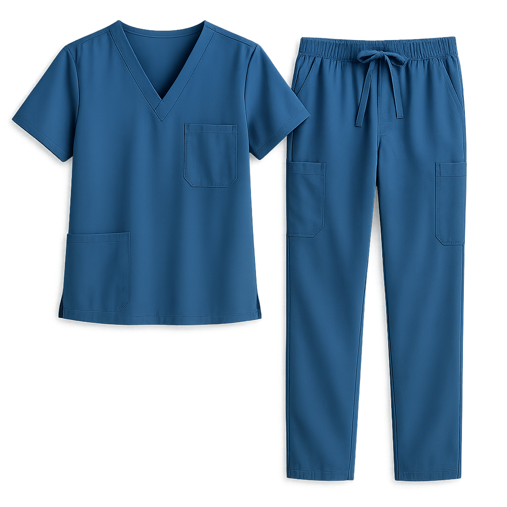A set of blue medical scrubs consisting of a V-neck top with a chest pocket and matching pants with a drawstring waist and multiple pockets.