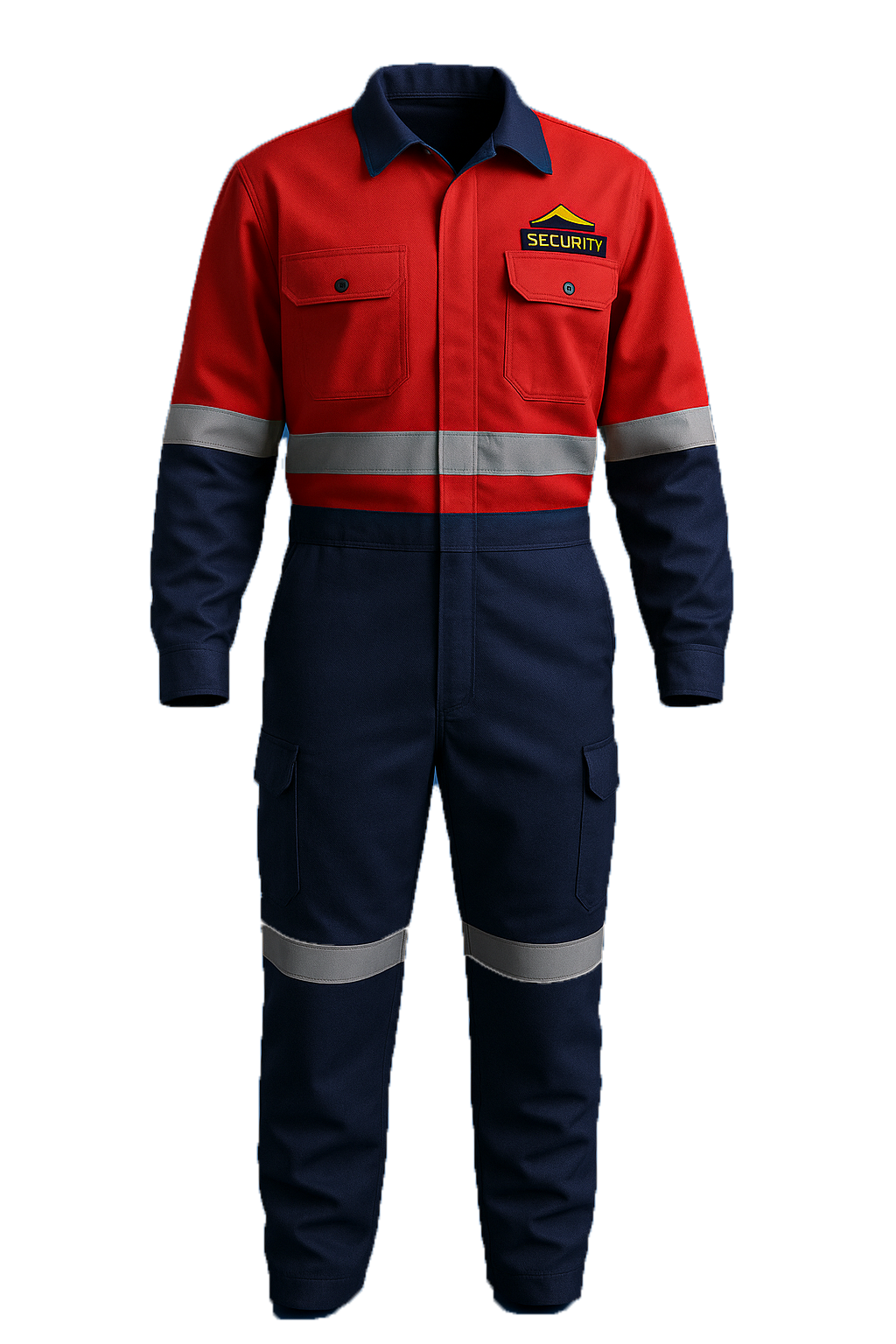A security guard uniform featuring a red, navy, and gray jumpsuit with a yellow and black security badge on the chest.
