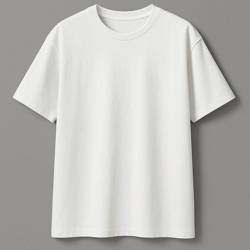 A plain white T-shirt hanging against a grey background.