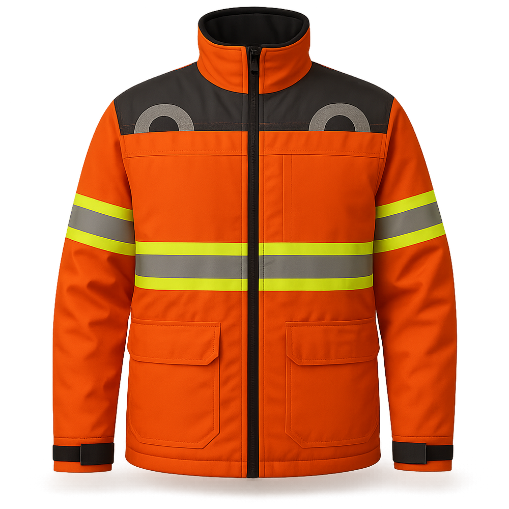 High visibility orange safety jacket with reflective yellow stripes and black accents, zipper front, and two large front pockets.