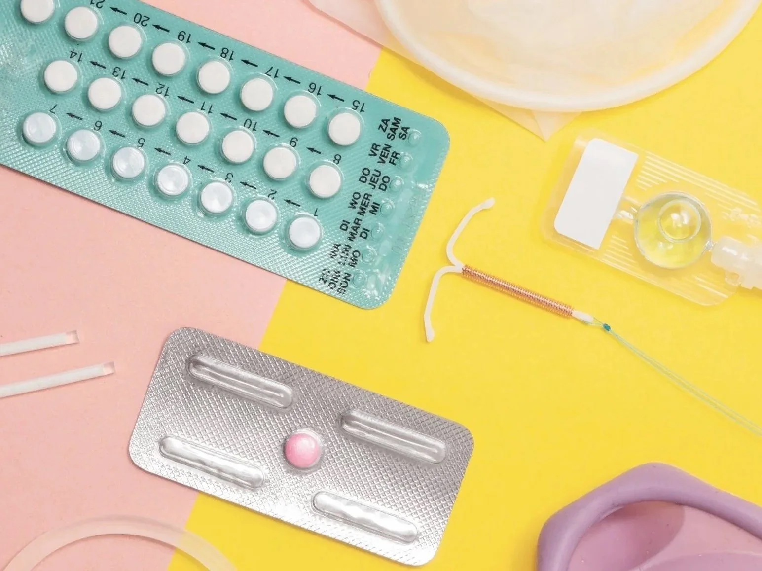 Different forms of Birth Control on a colorful background.