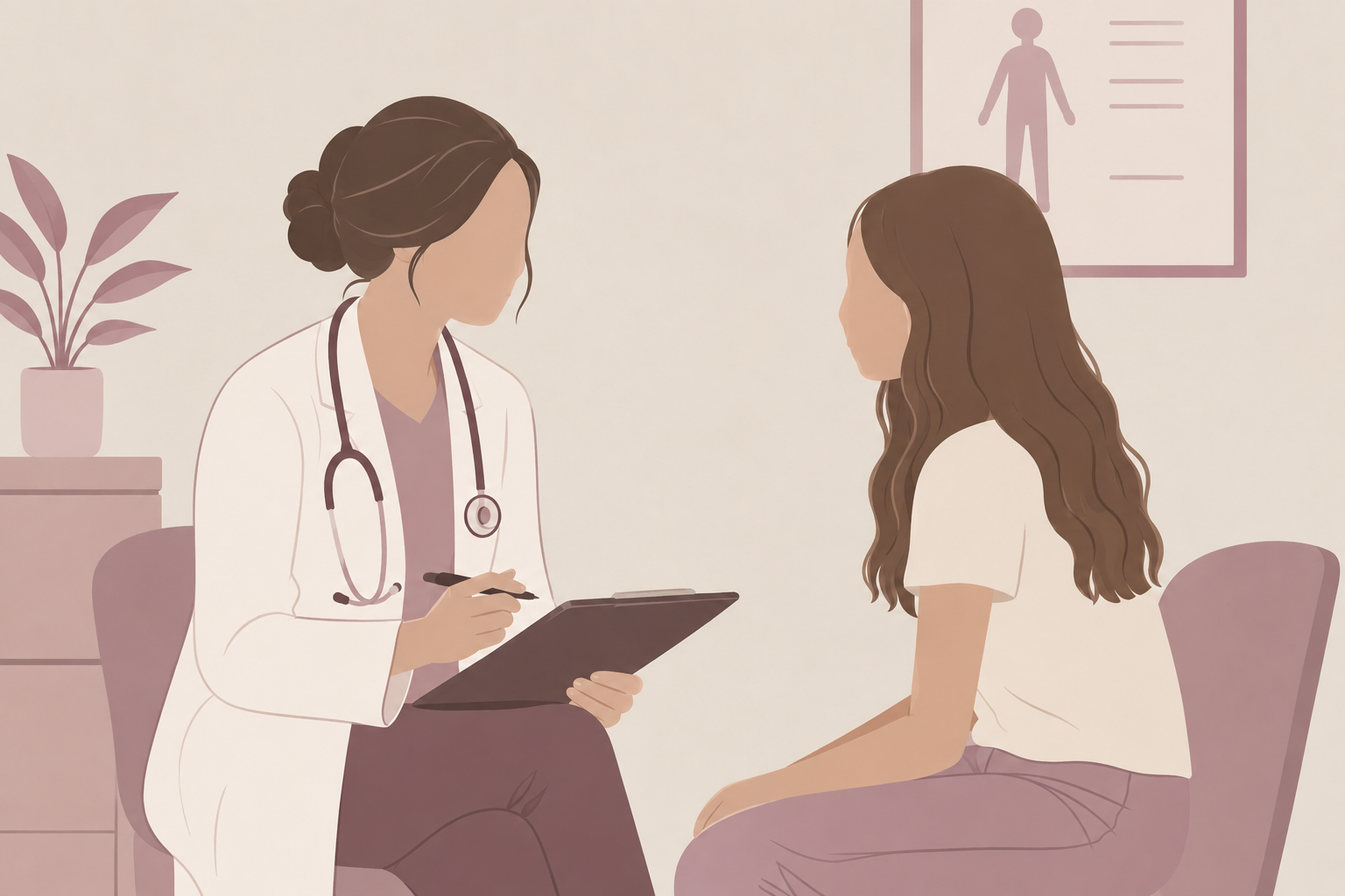 Drawing of a female doctor consulting with a teenage girl about overall health.