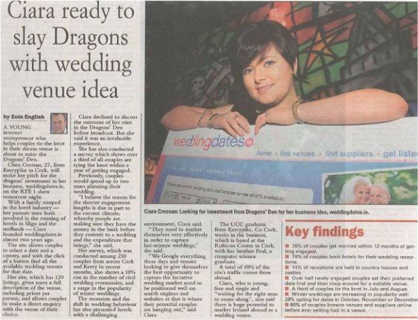 Newspaper clipping titled “Ciara ready to slay Dragons with wedding venue idea,” showing Ciara Crossan with the WeddingDates.ie website
