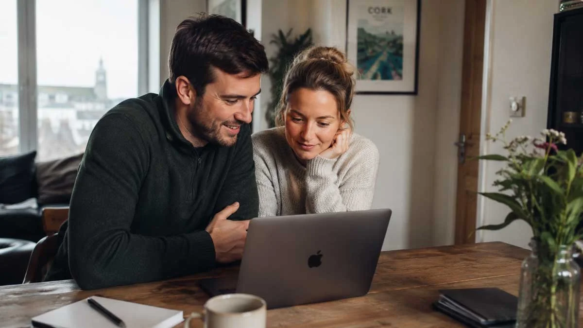 Couple sitting at a wooden table at home, looking at a laptop together with a notebook, coffee mug and flowers nearby.