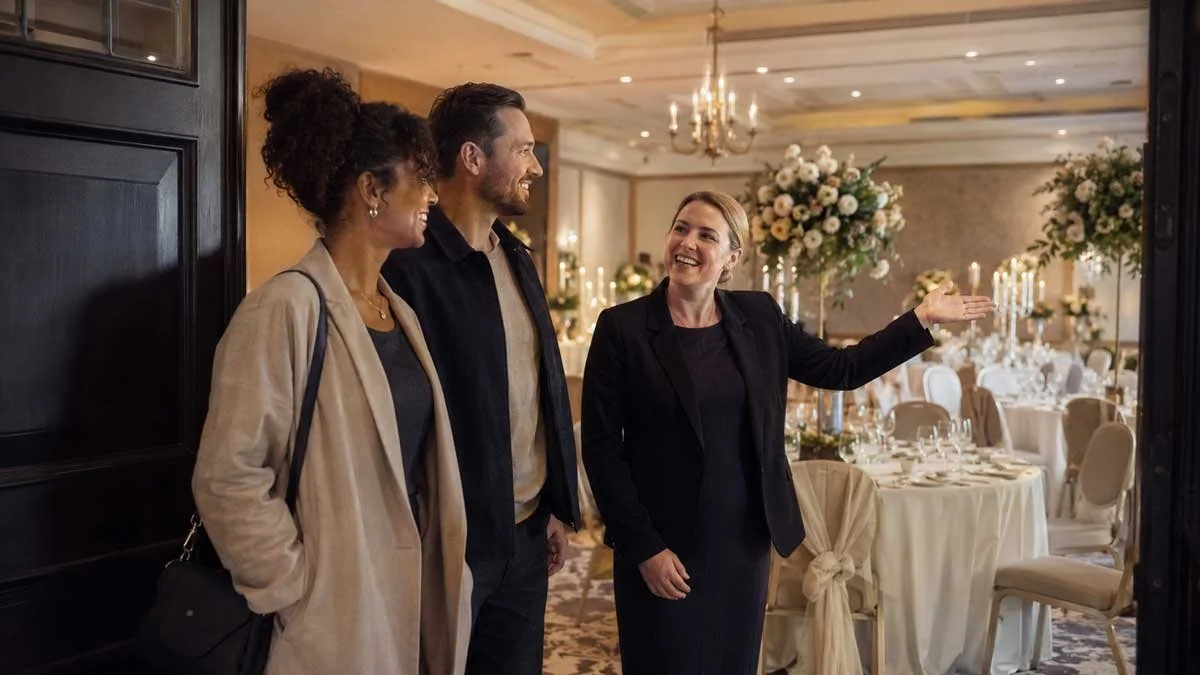 Staff member welcomes two guests into an elegant banquet room set with round tables, candles and floral centrepieces.