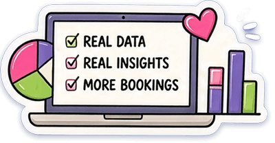 Laptop sticker graphic with checkmarked text reading “real data,” “real insights,” and “more bookings,” beside colourful pie chart, bar chart, and heart icons.