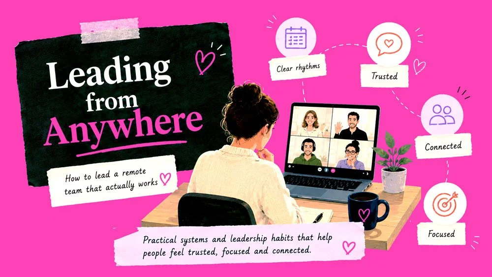 Pink leadership graphic titled “Leading from Anywhere,” showing a woman on a video call with a remote team and key habits: clear rhythms, trusted, connected and focused.