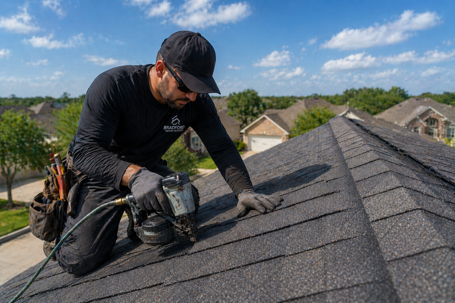 A handyman in black clothing and gloves kneeling on a roof, using a pneumatic nail gun to secure shingles, with houses and trees in the background on a sunny day.
