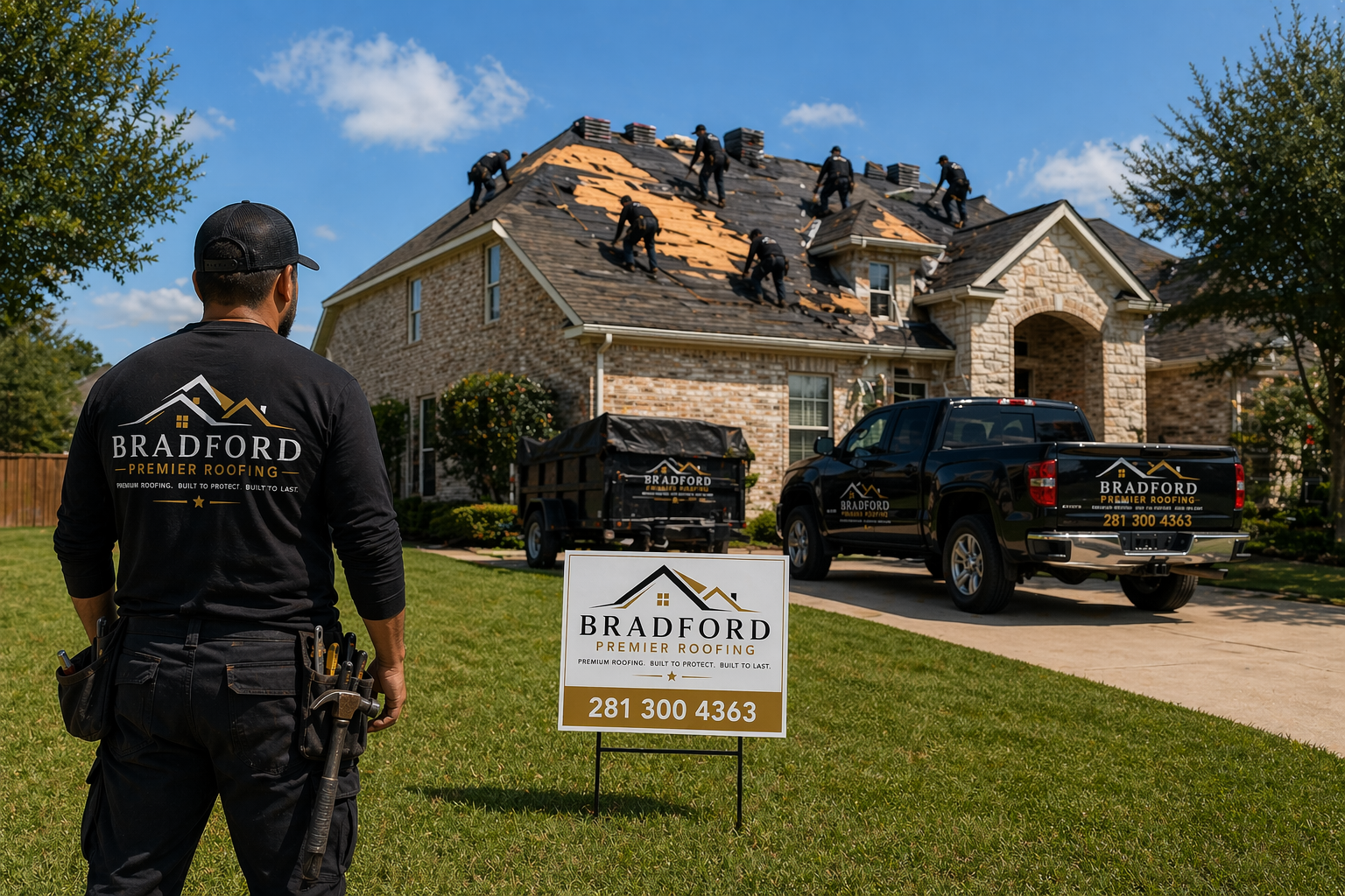 Roofers working on a house roof, with tools and equipment nearby, during a roofing project by Bradford Premier Roofing, overseen by a worker in the foreground wearing a Bradford shirt, in a suburban neighborhood under a blue sky.