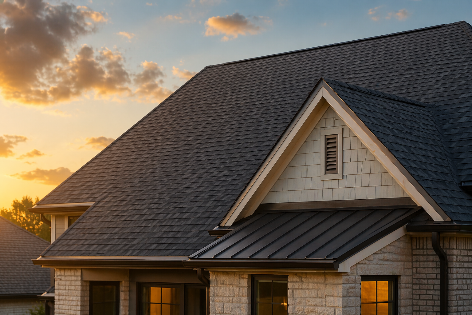 Close-up of a house's roof and upper wall during sunset, showing shingles, a vent, and windows, with a partly cloudy sky in the background.