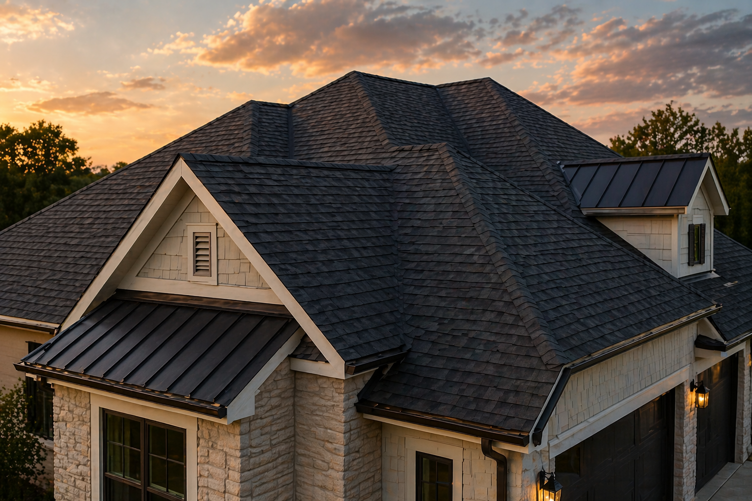 A house with a steep, dark shingle roof at sunset, featuring a gable with a vent, stone exterior, and black metal accents.