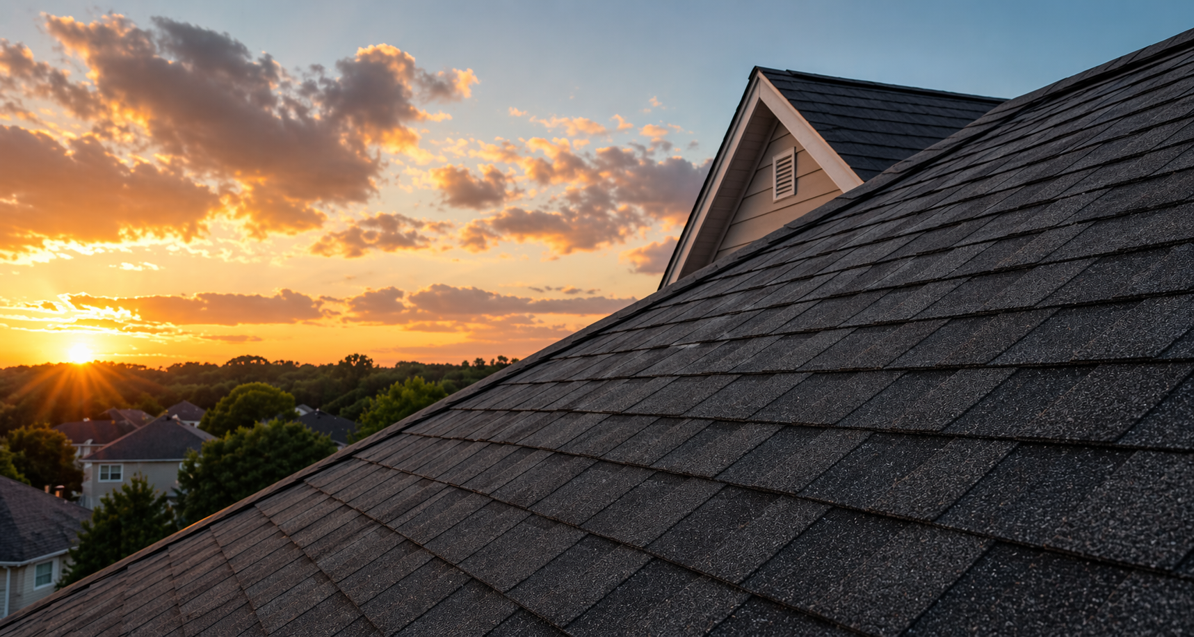 Sunset over a neighborhood with trees, viewed from a roof with asphalt shingles, featuring a gable end with a vent.