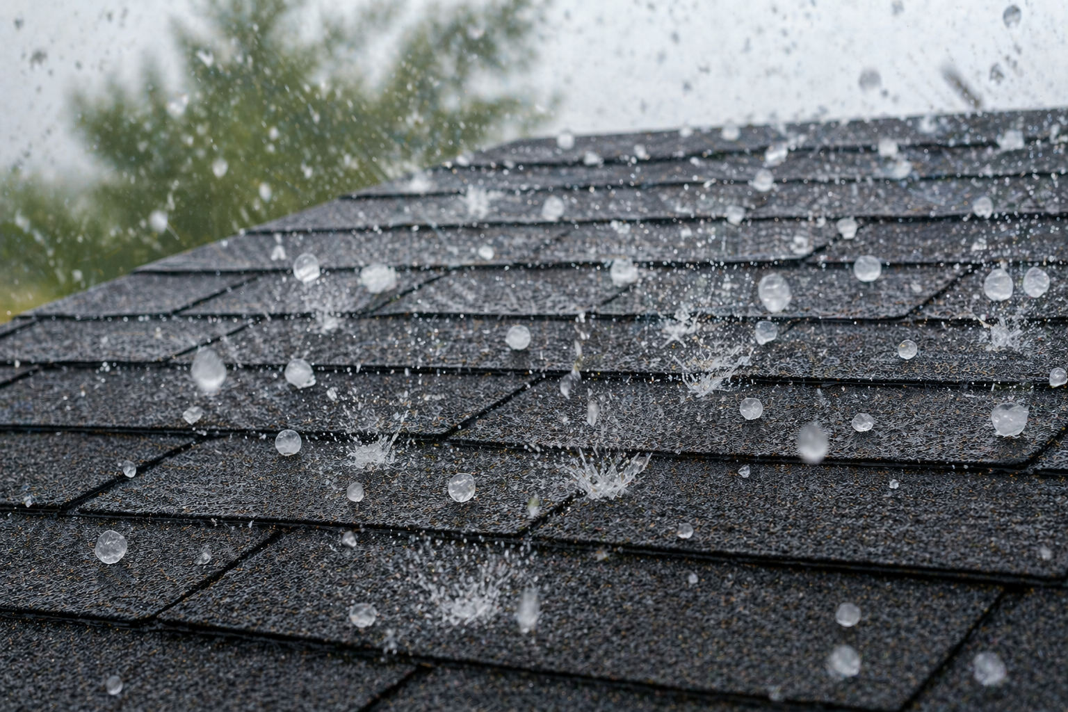 Rainwater splashing on a dark asphalt shingle roof during a rainstorm.