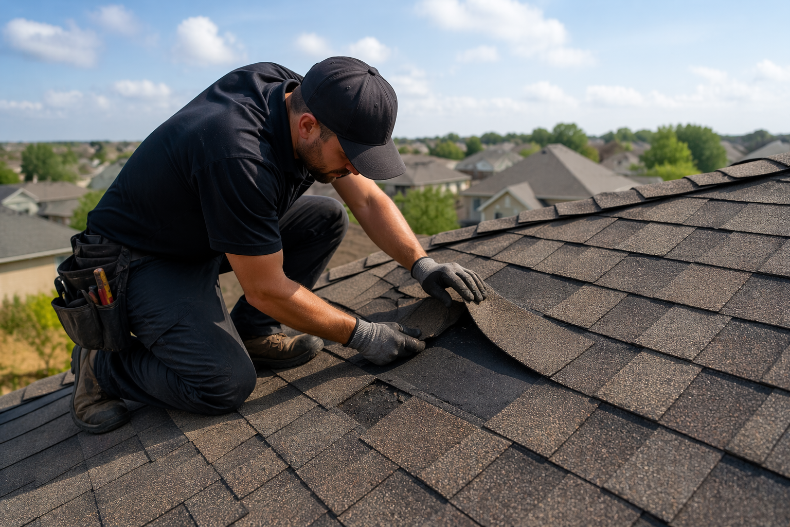 A man in a black shirt, cap, and gloves installing shingles on a roof on a sunny day with a neighborhood in the background.