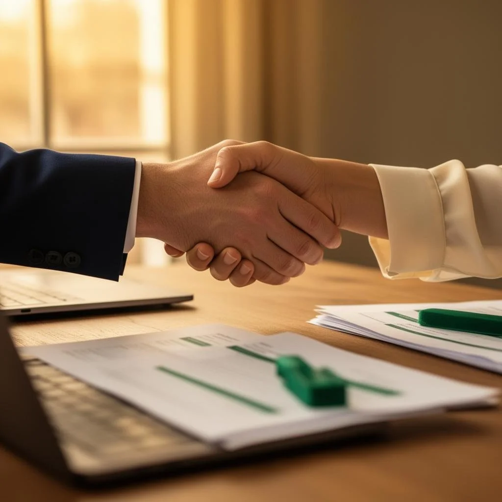 Two people shaking hands over a table with documents and a green pen, suggesting a business agreement or meeting.