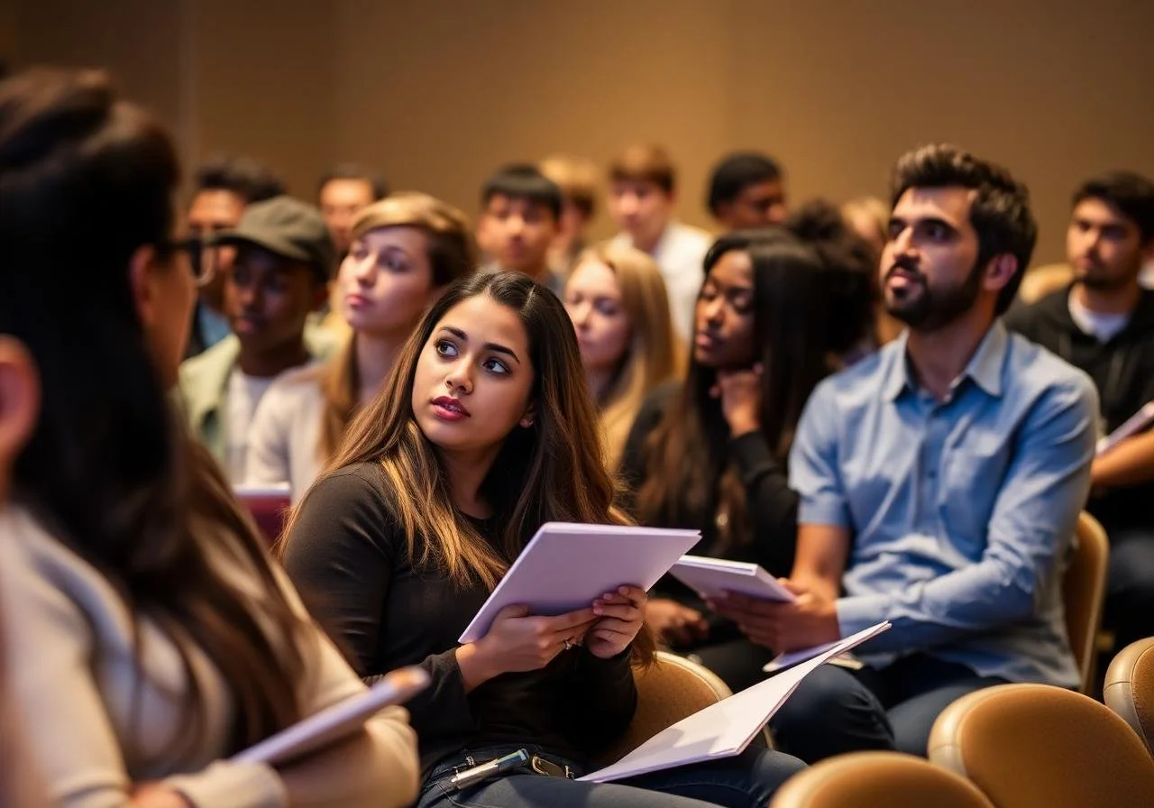 Audience of diverse young adults attending a lecture or seminar, sitting in chairs, holding notebooks, and listening attentively in a conference room.