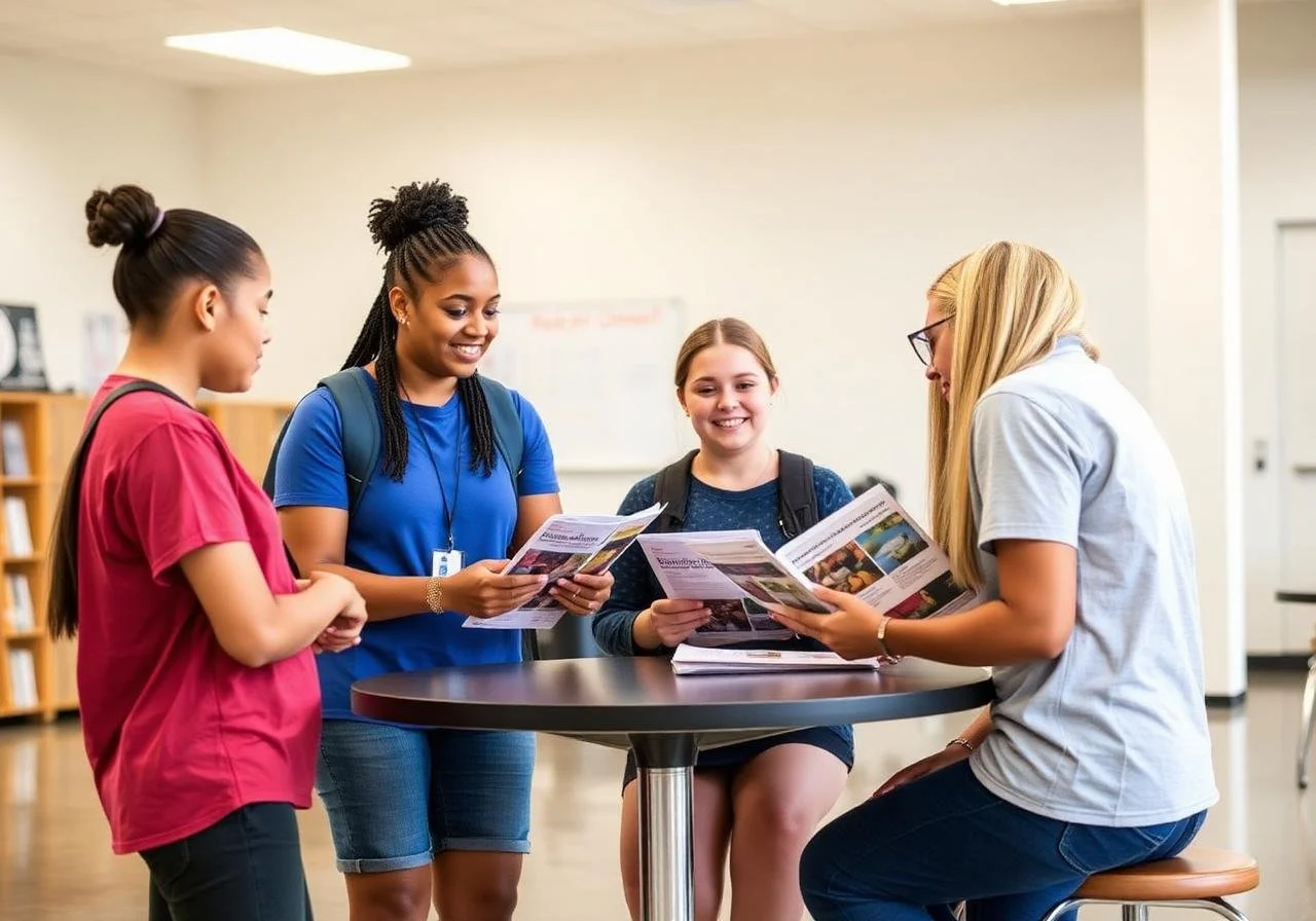Four girls, two standing and two sitting, gathered around a round table in a library, reading brochures and smiling.
