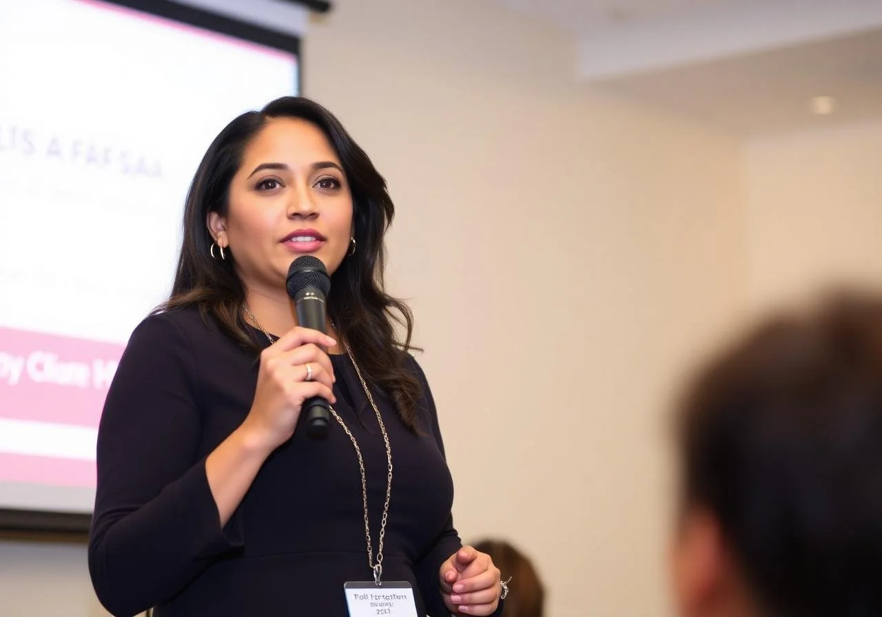 Woman holding a microphone and speaking at a presentation or conference.